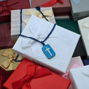 Alternative view of Blue and Silver Cross Necklace "Mateo", made of Stainless Steel